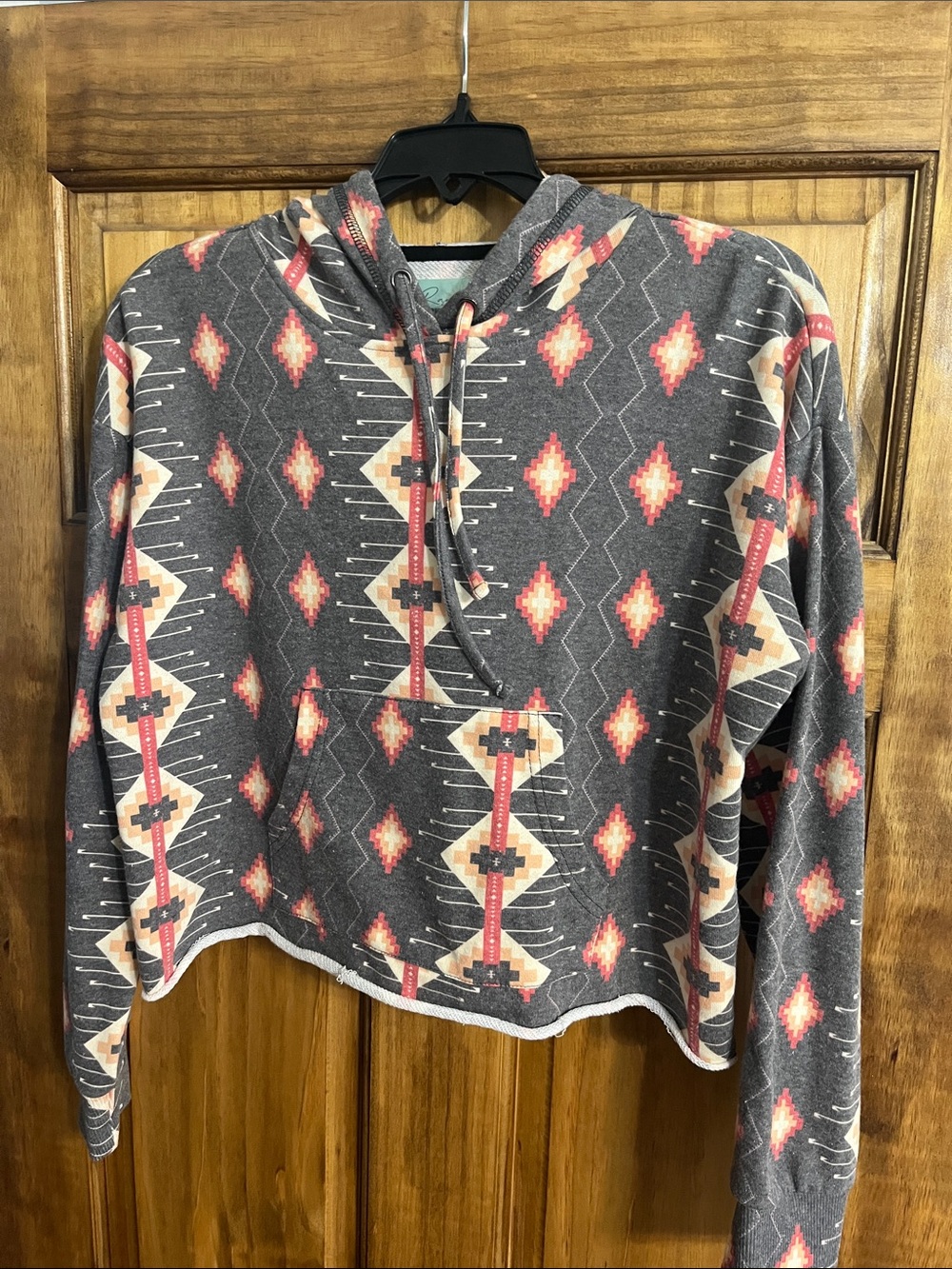 Aztec-Print Hooded Pullover Sweatshirt in Charcoal, Cream & Coral